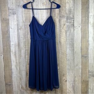 David’s Bridal Size 6 V-Neck Navy Blue Surplice Peplum Chiffon Dress